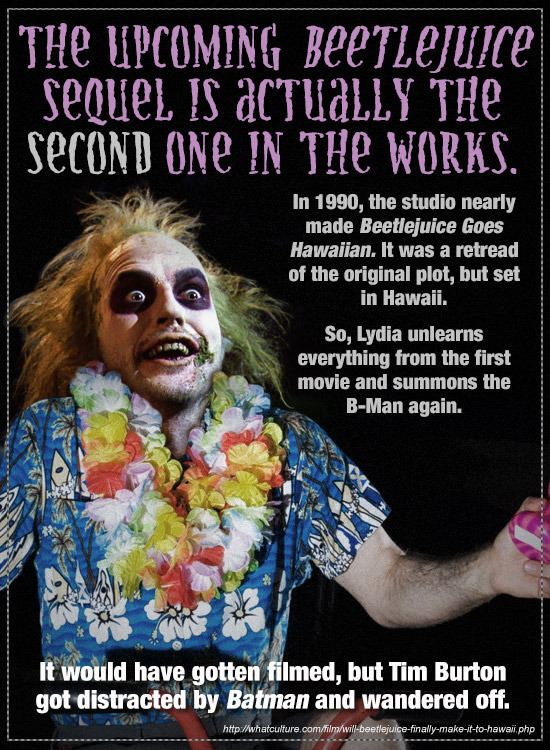 THe UPCOMING BeeTLejuice secuel IS aCTuaLLY THe SECOND oNe IN tHe WORKS. In 1990, the studio nearly made Beetlejuice Goes Hawaiian. It was a retread o