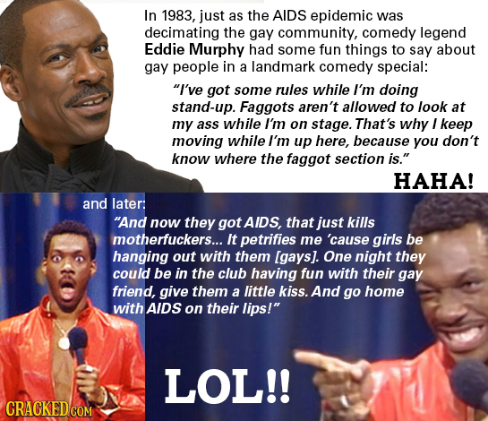 In 1983, just as the AIDS epidemic was decimating the gay community, comedy legend Eddie Murphy had some fun things to say about gay people in a landm