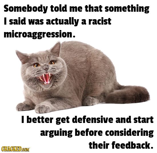 Somebody told me that something I said was actually a racist microaggression. I better get defensive and start arguing before considering their feedba