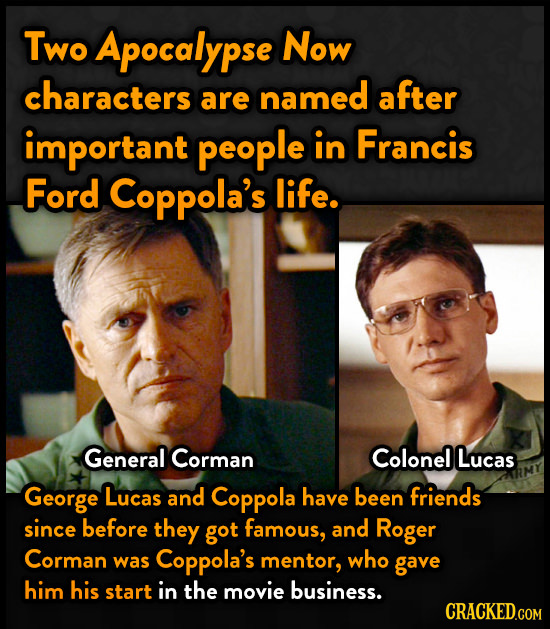 Two Apocalypse Now characters after are named important people in Francis Ford Coppola's life. General Corman Colonel Lucas George Lucas and Coppola h