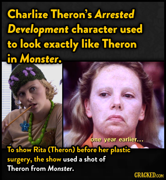Charlize Theron's Arrested Development character used to look exactly like Theron in Monster. one year earlier... To show Rita (Theron) before her pla