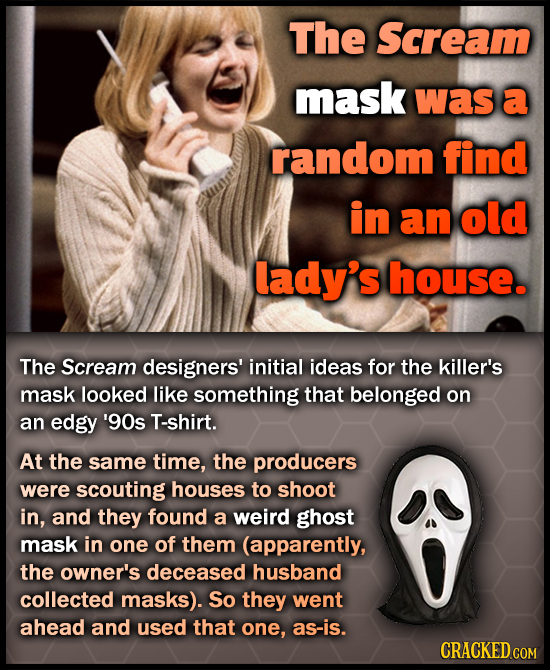 The Scream mask was a random find in an old lady's house. The Scream designers' initial ideas for the killer's mask looked like something that belonge