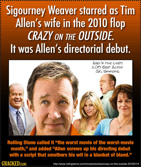 Sigourney Weaver starred as Tim Allen's wife in the 2010 flop CRAZY ON THE OUTSIDE. It Allen's debut. was directorial Also in the cast: 2015 Best Acto