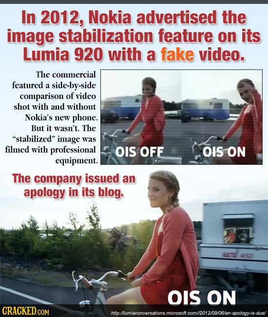 In 2012, Nokia advertised the image stabilization feature on its Lumia 920 with a fake video. The commercial featured a side-by-side comparison of vid