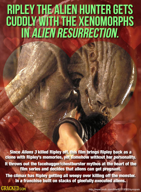 RIPLEY THE ALIEN HUNTER GETS CUDDLY WITH THE XENOMORPHS IN ALIEN RESURRECTION. Since Aliens 3 killed Ripley off, this film brings Ripley back as a clo