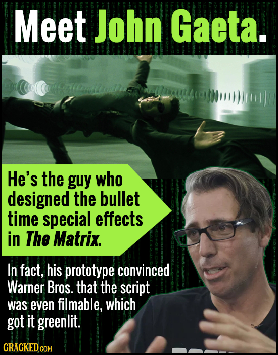 Meet John Gaeta. He's the guy who designed the bullet time special effects in The Matrix. In fact, his prototype convinced Warner Bros. that the scrip