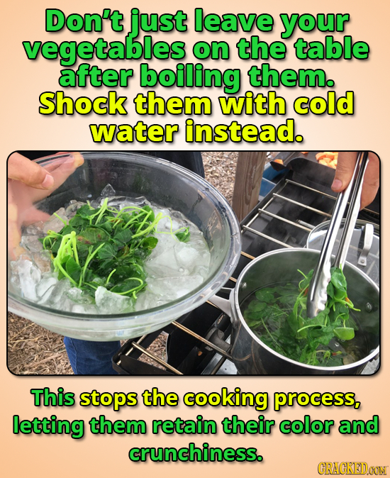 Don't just leave your vegetables on the table after boiling them. Shock them with cold water instead. This stops the cooking process, letting them ret