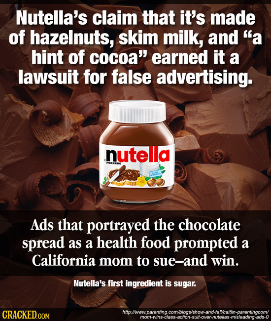 Nutella's claim that it's made of hazelnuts, skim milk, and a hint of cocoa' earned it a lawsuit for false advertising. nutella Ads that portrayed t