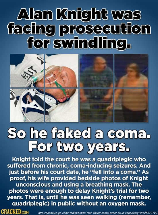 Alan Knight was facing prosecution for swindling. S So he faked a coma. For two years. Knight told the court he was a quadriplegic who suffered from c