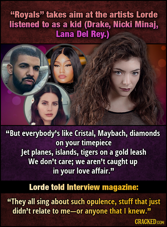 Royals takes aim at the artists Lorde listened to as a kid (Drake, Nicki Minaj, Lana Del Rey.) But everybody's like Cristal, Maybach, diamonds on y