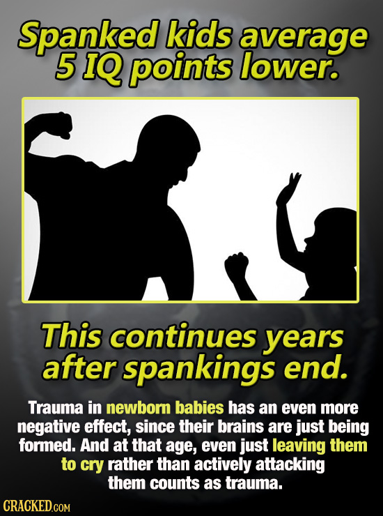Spanked kids average IQ points lower. This continues years after spankings end. Trauma in newborn babies has an even more negative effect, since their