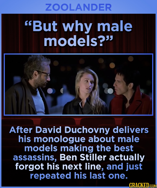 ZOOLANDER But why male models? After David Duchovny delivers his monologue about male models making the best assassins, Ben Stiller actually forgot