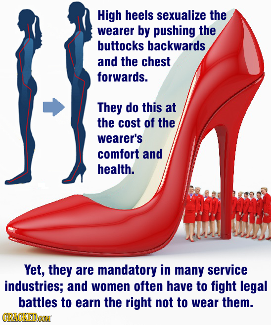 High heels sexualize the wearer by pushing the buttocks backwards and the chest forwards. They do this at the cost of the wearer's comfort and health.