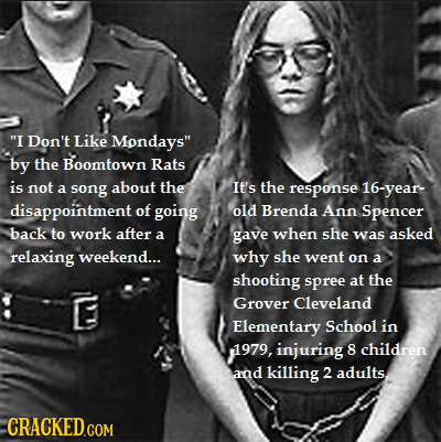 I Don't Like Mondays by the Boomtown Rats is not a song about the It's the response 16-year- disappointment of going old Brenda Ann Spencer back to 