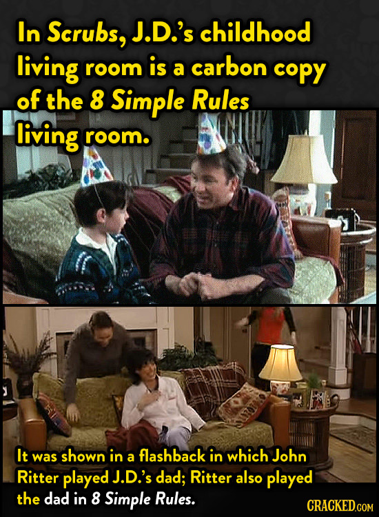 In Scrubs, J.D.'s childhood living room is carbon a copy of the 8 Simple Rules living room. It was shown in flashback in which John a Ritter played J.
