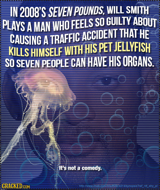 IN 2008'S SEVEN POUNDS, WILL SMITH PLAYS WHO SO GUILTY ABOUT A MAN FEELS THAT HE CAUSING A TRAFFIC ACCIDENT PET JELLYFISH KILLS HIMSELF WITH HIS SO SE