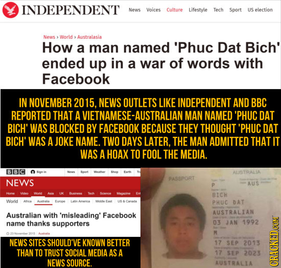 INDEPENDENT News Voices Culture Lifestyle Tech Sport US election News 3 Worild Australasia How a man named 'Phuc Dat Bich' ended up in a war of words 