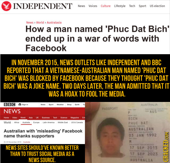 INDEPENDENT News Voices Culture Lifestyle Tech Sport US election News 3 Worild Australasia How a man named 'Phuc Dat Bich' ended up in a war of words