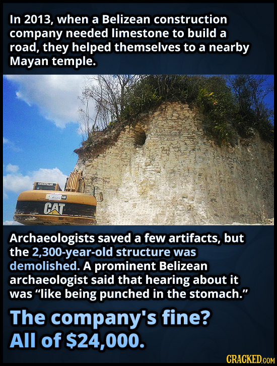 In 2013, when a Belizean construction company needed limestone to build a road, they helped themselves to a nearby Mayan temple. CAT Archaeologists sa