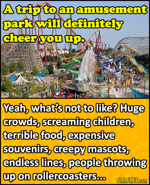 A trip to an amusement park will definitely cheer you upo Yeah, what's not to like? Huge crowds, screaming children, terrible food, expensive souvenir