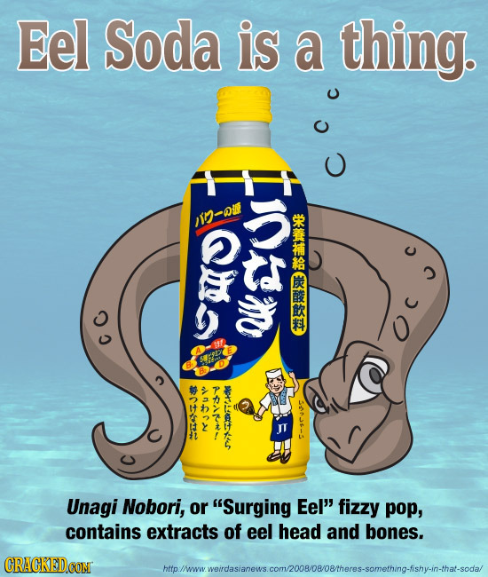 Eel Soda is a thing. 1-QU E CC 40N ORAAEKLS t ARARA Unagi Nobori, or Surging Eel fizzy pop, contains extracts of eel head and bones. nowrs.com/20080