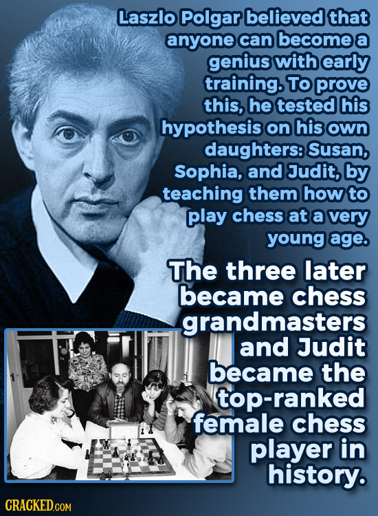 Laszlo Polgar believed that anyone can become a genius with early training. To prove this, he tested his hypothesis on his own daughters:! Susan, Soph