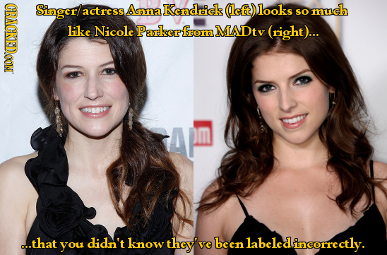 CRACKEDCON Singer/a actress Anna Kendrick (left) looks much so like Nicole Parker{ fom MADty (right )... ...that you didn't know they' been labeledinc