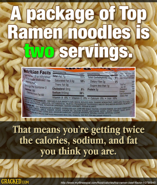 A package of Top Ramen noodles is two servings. Nrition Facts Srgie 15 Total 07 142obout Fai 7u 11% Total Carbohytrate 28g 9% nodie biock and tsp Satu