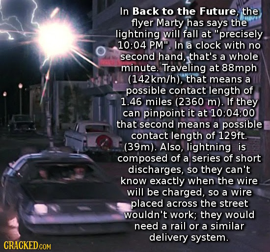In Back to the Future, the flyer Marty has says the lightning will fall at precisely 10:0 PM. In a clock with no second hand, that's a whole minute.