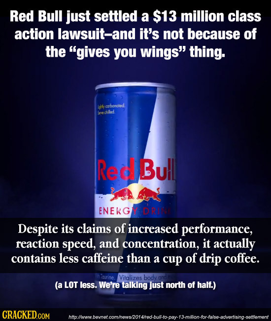 Red Bull just settled a $13 million class action lawsuit-and it's not because of the gives you wings thing. Idly t cocbonated. Soechiled Red Bu!l EN