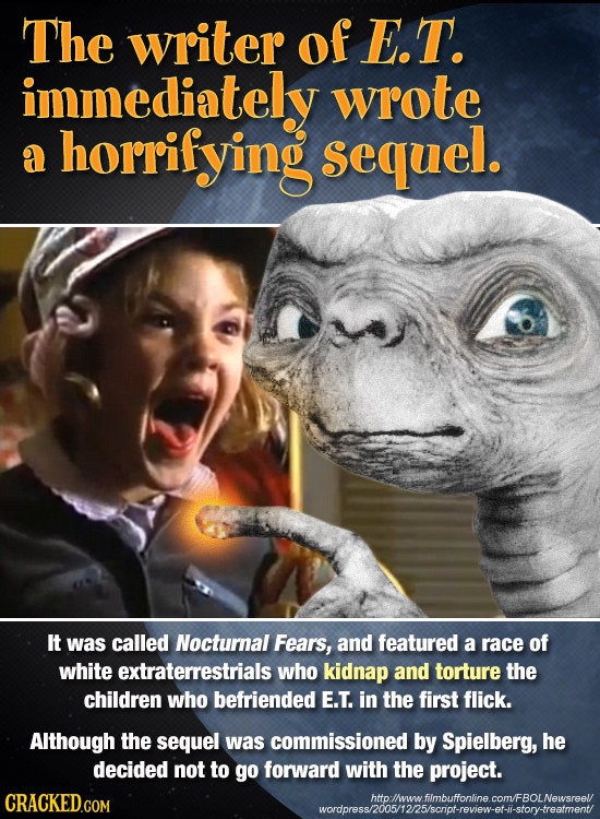 The writer of ET. immediately wrote a horrifying sequel. It was called Nocturnal Fears, and featured a race of white extraterrestrials who kidnap and
