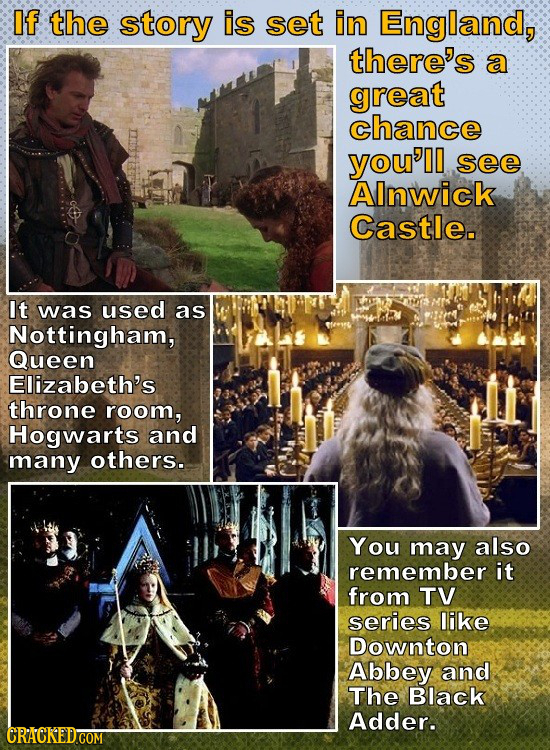 If the story is set in England, there's a great chance you'll see AInwick Castle. It was used as Nottingham, Queen Elizabeth's throne room, Hogwarts a
