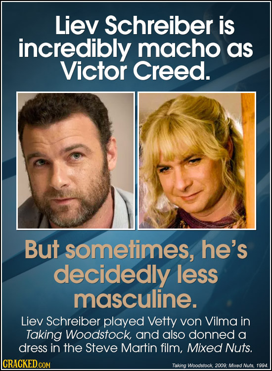 Liev Schreiber is incredibly macho as Victor Creed. But sometimes, he's decidedly less masculine. Liev Schreiber played Vetty von Vilma in Taking Wood