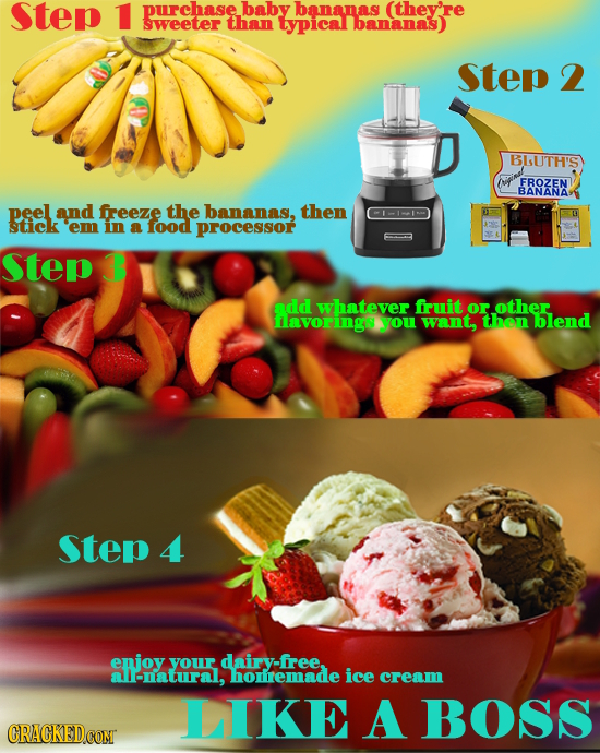 step 1 purchase baby bananas (they're sweeter than typicar bananas) step 2 BIsUTH'S FROZEN BANANA peel and freeze the bananas, then stick 'em in a foo