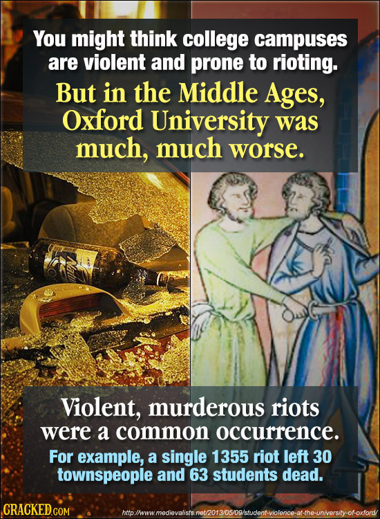 You might think college campuses are violent and prone to rioting. But in the Middle Ages, Oxford University was much, much worse. Violent, murderous