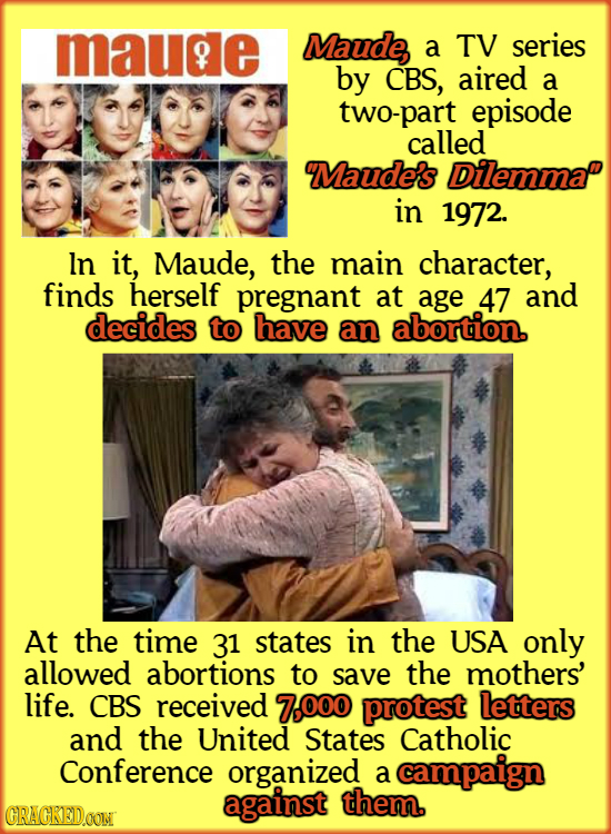 mauge Maude a TV series by CBS, aired a two-part episode called Maude's Dilemma' in 1972. In it, Maude, the main character, finds herself pregnant at