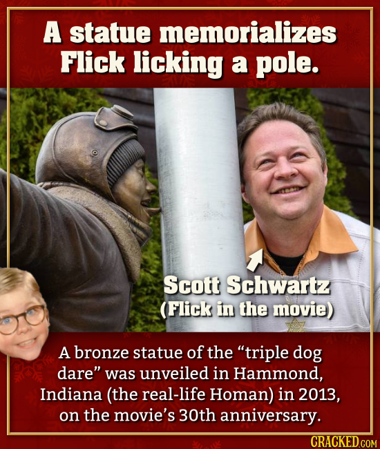 A statue memorializes Flick licking a pole. A bronze statue of the triple dog dare was unveiled in Hammond, Indiana (the real-life Homan) in 2013, o