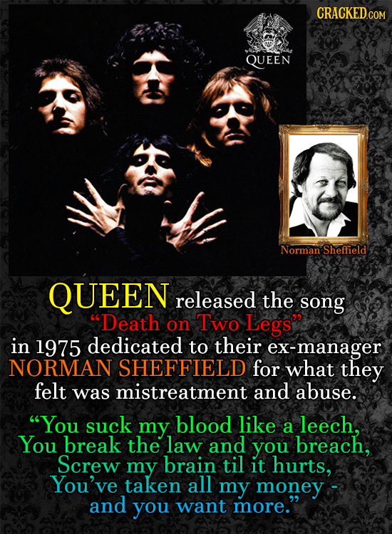 QUEEN Norman Sheffield QUEEN released the song Death on Two Legs in 1975 dedicated to their ex-manager NORMAN SHEFFIELD for what they felt was mistr