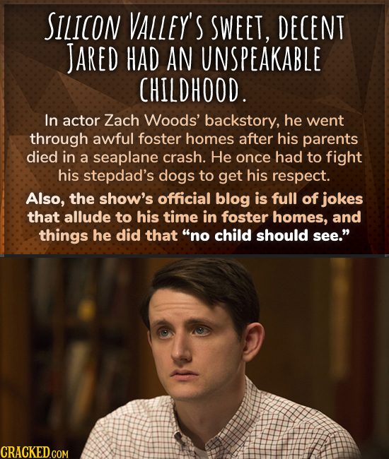 SILICON VALLEY'S SWEET, DECENT JARED HAD AN UNSPEAKABLE CHILDHOOD. In actor Zach Woods' backstory, he went through awful foster homes after his parent