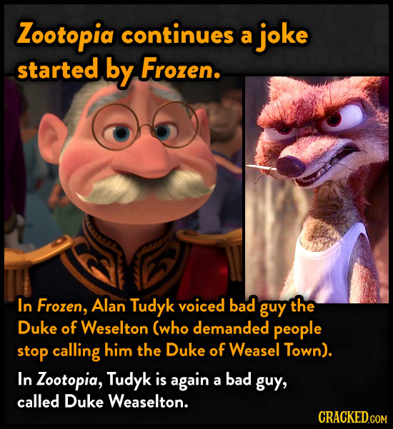 Zootopid continues a joke started by Frozen. In Frozen, Alan Tudyk voiced bad guy the Duke of Weselton (who demanded people stop calling him the Duke