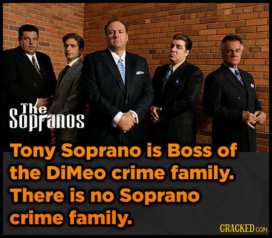 Sopranos TKe Tony Soprano is Boss of the DIMEO crime family. There is no Soprano crime family. CRACKEDCO COM