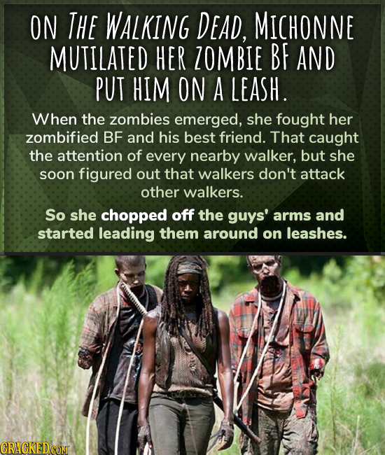 ON THE WALKING DEAD, MICHONNE MUTILATED HER ZOMBIE BF AND PUT HIM ON A LEASH. When the zombies emerged, she fought her zombified BF and his best frien