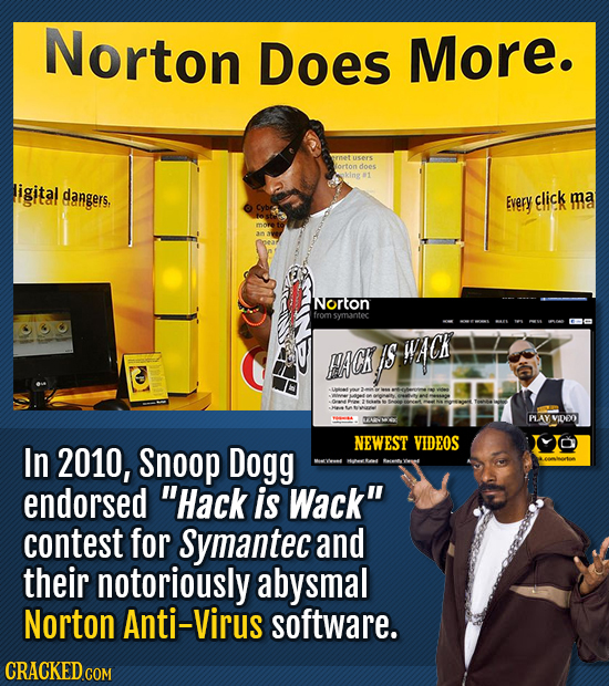Norton Does More. ucurs does igital dangers, Every click ma Norton from symantec WAC PACH s PLAY VIDOO NEWEST VIDEOS In 2010, Snoop Dogg endorsed Hac