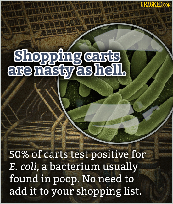 CRACKED.CO Shopping carts are nasty as hell. 50% of carts test positive for E. coli, a bacterium usually found in poop. No need to add it to your shop
