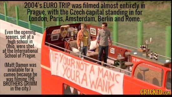 2004's EURO TRIP was filmed almost entirely in Prague, with the Czech capital standing in for London, Paris, Amsterdam, Berlin and Rome. Even the open
