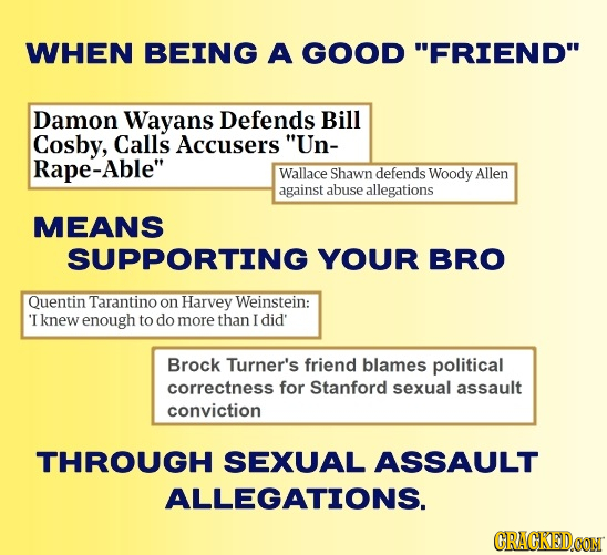 WHEN BEING A GOOD FRIEND Damon Wayans Defends Bill Cosby, Calls Accusers Un- Rape-Able Wallace Shawn defends Woody Allen against abuse allegations
