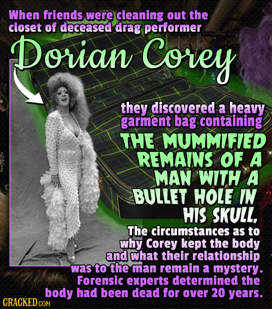 When friends were cleaning out the closet of deceased drag performer Dorian Corey they discovered a heavy garment bag containing THE MUMMIFIED REMAINS