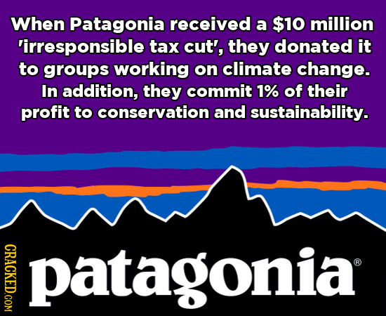 When Patagonia received a $10 million irresponsible tax cut', they donated it to groups working on climate change. In addition, they commit 1% of thei
