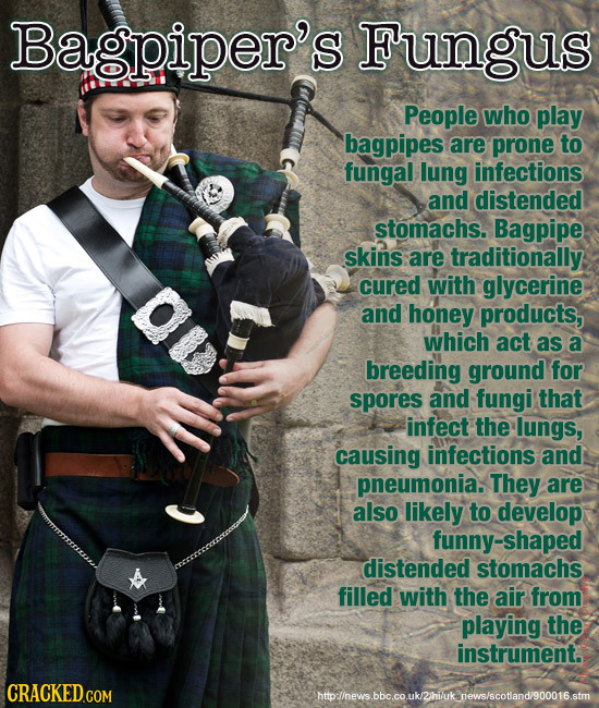 Bagpiper's Fungus People who play bagpipes are prone to fungal lung infections and distended stomachs. Bagpipe skins are traditionally D cured with gl