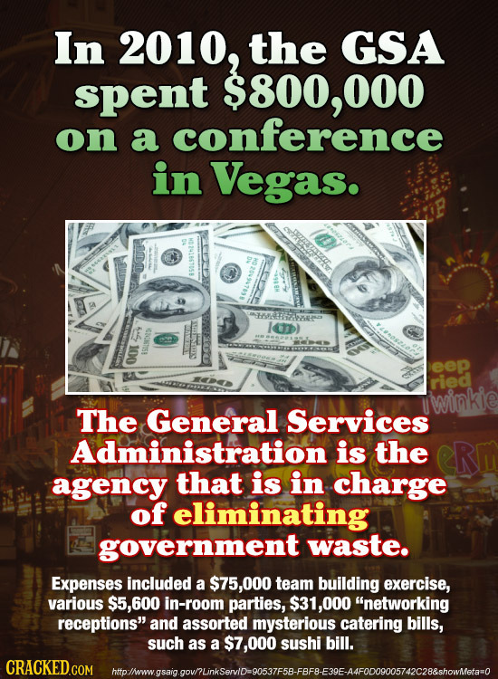 In 2010, the GSA spent $800, 000 on a conference in Vegas. be 4806T051 Jo eep ried wimkie The General Services Administration is the ER agency that is